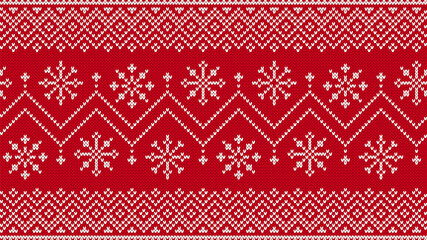 Knit seamless pattern. Christmas print. Red knitted sweater background. Xmas winter texture with zigzag and snowflkes. Holiday fair isle traditional ornament. Wool pullover. Vector illustration.