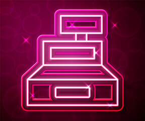 Glowing neon line Cash register machine with a check icon isolated on red background. Cashier sign. Cashbox symbol. Vector