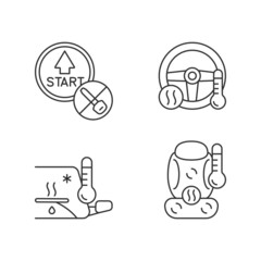 Modern automotive features linear icons set. Push button start. Providing comfort to driver. Defrosting. Customizable thin line contour symbols. Isolated vector outline illustrations. Editable stroke