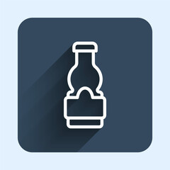 White line Sauce bottle icon isolated with long shadow background. Ketchup, mustard and mayonnaise bottles with sauce for fast food. Blue square button. Vector