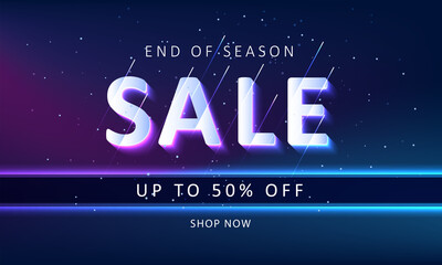End of year sale banner with light tecnology background for promotion, up to 50% off