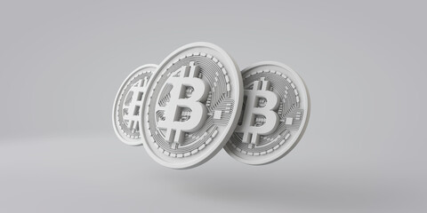A white bitcoin cryptocurrency coin against a grey background. 3D Rendering