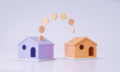 3D render Two home transfer money concept. finance support real estate business investment with cartoon minimal. illustration