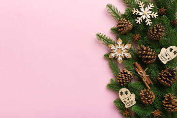 Christmas background with fir branches and Christmas decor. Top view, copy space for text