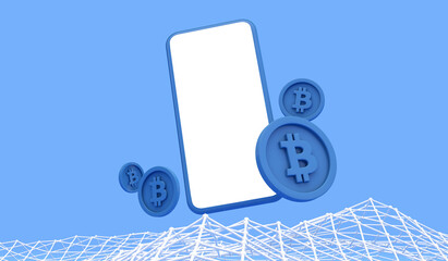 Bitcoin online trading wallet. Smartphone with blank screen and blue coins with blockchain grid. 3D Render