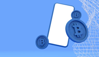 Bitcoin online trading wallet. Smartphone with blank screen and blue coins with blockchain grid. 3D Render