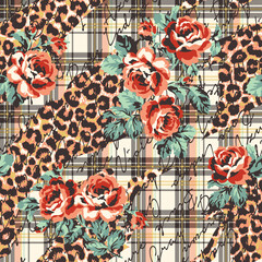 Roses flowers with typography leopard skin and tartan plaid background abstract vector seamless pattern © PrintingSociety