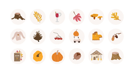 Set of autumn circle stickers with colorful icons and symbols - fallen leaves, rowan berries, pumpkins, cute cars, book, sweater, mushrooms, tree stumps. Social media highlight covers.