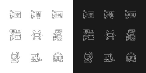 Sports car accessories linear icons set for dark and light mode. Innovative vehicle tech features. Customizable thin line symbols. Isolated vector outline illustrations. Editable stroke