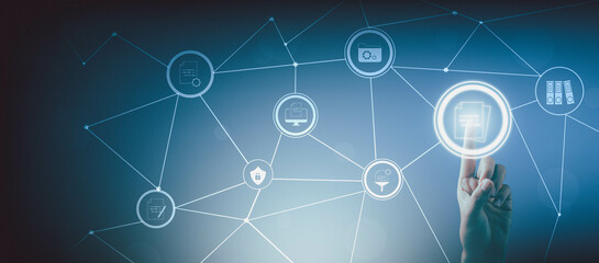 Document management concept. Hand tounch document virtual icon and conecting line atabase and process automation to efficiently manage files.
