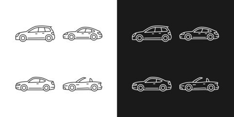 Practical sports cars linear icons set for dark and light mode. Hatchback model. Sports sedan. Coupe automobile. Customizable thin line symbols. Isolated vector outline illustrations. Editable stroke