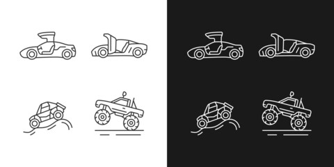 Driving specially-modified vehicles linear icons set for dark and light mode. Hinge mechanism. Off road racing. Customizable thin line symbols. Isolated vector outline illustrations. Editable stroke