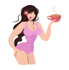 Cute sexy girl drinks coffee. Lush brunette in a pink bathing suit with a cup of tea. Plump woman advertises drinks. Vector trendy cartoon flat illustrations for advertising shops, internet sites.