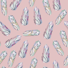 Obraz premium Vector seamless pattern with white textured crystals with pink and gold spots and black lines isolated on pink background. Natural realistic mineral stones.