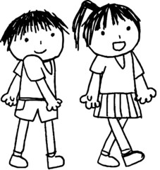 モノクロの子供が描いた子供の男女のかわいい落書き カップル 小学生 幼稚園児