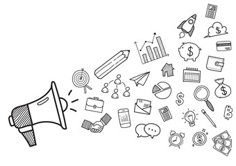Megaphone with Business doodles hand drawn icons