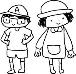 モノクロの子供が描いた子供の男女のかわいい落書き カップル 小学生 幼稚園児