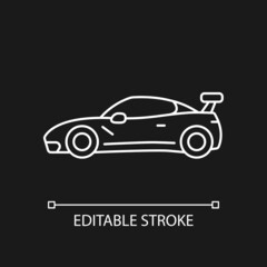 Customized sports car white linear icon for dark theme. Designing vehicle for street racing. Thin line customizable illustration. Isolated vector contour symbol for night mode. Editable stroke