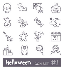 Linear icons with traditional Halloween symbols. Vector icons