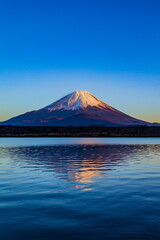 夕日を浴びた富士山　山梨県富士河口湖町の精進湖にて