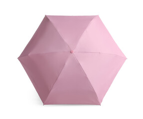 Stylish open pink umbrella isolated on white