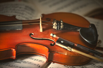 Violin and bow resting on sheet music