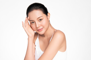 Beautiful young asian woman with clean fresh skin on white background, Face care, Facial treatment, Cosmetology, beauty and spa, Asian women portrait.