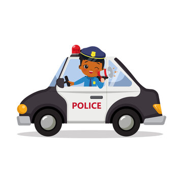 Cute woman police officer driving while holding a megaphone. Flat vector cartoon design