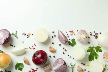 Spicy vegetables on white background, space for text