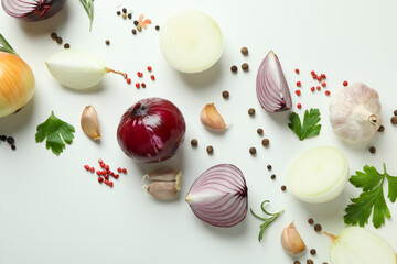 Spicy vegetables on white background, top view