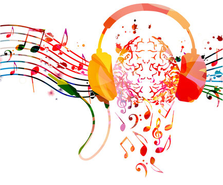 Colorful human brain with musical notes and headphones. Musical poster for mental wellbeing, listening music, relaxing, having fun vector illustration design