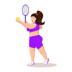 Obraz na płótnie Canvas Vector cartoon illustration. Body positive woman playing big tennis on a white isolated background. Playing on the tennis court, on the beach, on the street. Beautiful plump woman in sportswear.