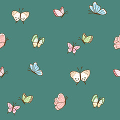 Seamless Pattern with Butterfly Illustration Design on Green Background