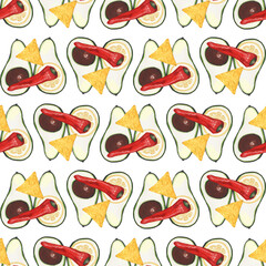 Avocado chillies, lemon, corn chips, guacamole ingredients. Fresh red, green, yellow seamless repeat pattern. Summer eating. Mexican food. Salad, delicious, bright, enjoyable, dining, taco, burrito.