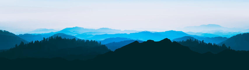 Blue landscape background banner panorama illustration painting -.Breathtaking view with black silhouette of mountains, hills and forest.