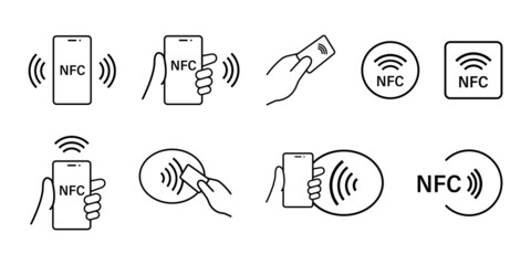 NFC payment with smartphone set icons. NFC Technology icon collection. Contactless NFC payment sign. Stock vector