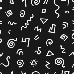 Seamless abstract pattern on black background. Vector doodle image. Graphic linear wallpaper.