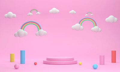 Circle podium, rainbow in the sky for displaying cute products.