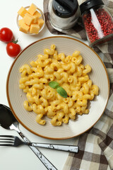 Concept of tasty eating with macaroni with cheese on white background