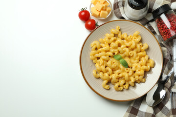 Concept of tasty eating with macaroni with cheese on white background