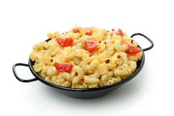 Tasty macaroni and cheese isolated on white background