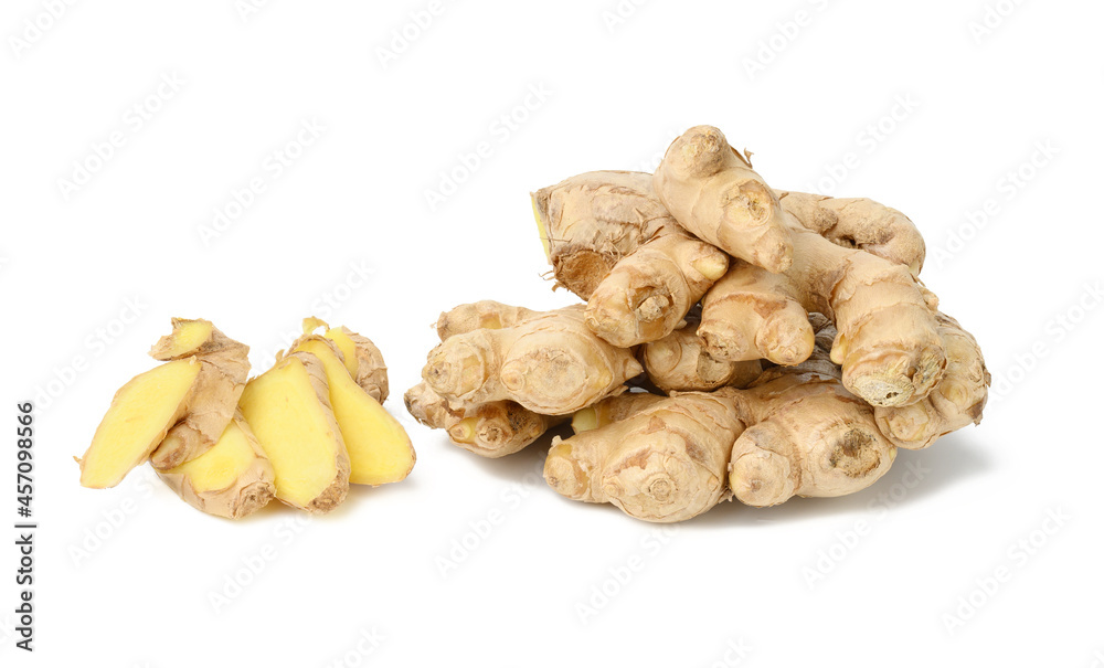 Wall mural fresh ginger root isolated on white background, sliced pieces near