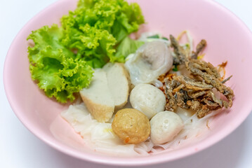 Noodles Soup with multi fish balls with white background. Asian food Noodle	
