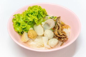 Noodles Soup with multi fish balls with white background. Asian food Noodle	
