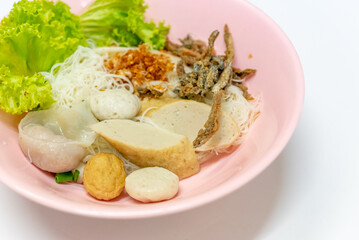 Noodles Soup with multi fish balls with white background. Asian food Noodle	
