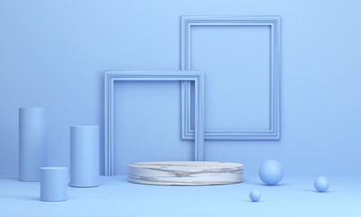 Marble circle podium with picture frame is a backdrop in blue tones. for product presentation.