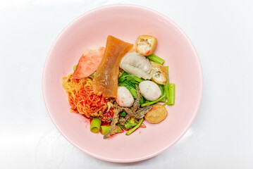 Noodles Soup with multi fish balls with white background. Asian food Noodle	
