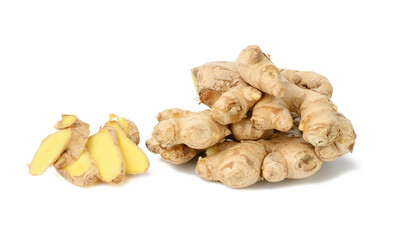 fresh ginger root isolated on white background, sliced pieces near