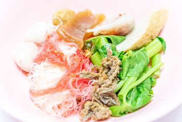 Noodles Soup with multi fish balls with white background. Asian food Noodle	
