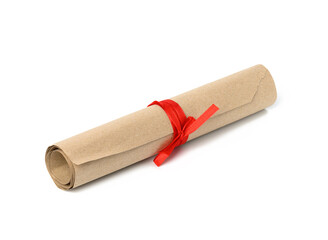 rolled up roll of brown kraft paper and tied with red ribbon